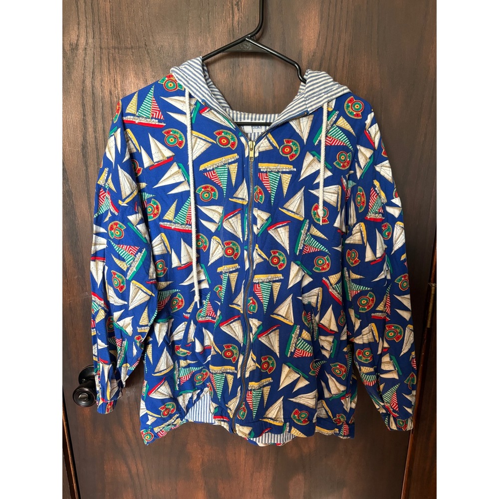 David Brooks Vintage Nautical Sailboat Print Zip Up Hooded Jacket Blue Small